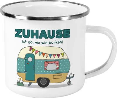 Produktbild von Emailletasse mit Motiv für Camper (Zuhause ist da wo wir parken)