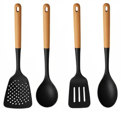 Produktbild von Cookinglife Kochgeschirr Set - Kochgeschirr Set - Holz schwarz 4-teilig - Schaumkelle, Suppenlöffel, Pfannenwender & Servierlöffel