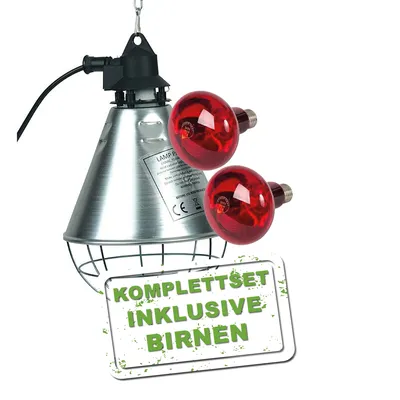 Produktbild von Rotlicht Wärmelampen Set, mit 2 Infrarot-Lampen 60 W & 100 W, Schutzkorb mit 2,5 m Kabellänge & 2 m Kette. Wärmelampe für Hühner-Küken Alternative zu Wärmeplatten - Hühner Zubehör Rotlichtlampen Set