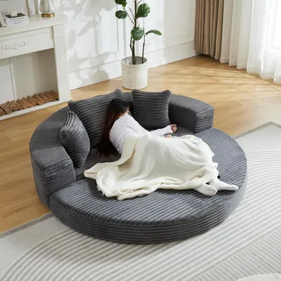 Produktbild von 2-in-1 Schlafsofa in Grau – Halbrundes Sofa verwandelt sich in rundes Tagesbett, Cord-Stoffbezug, ideal für kompakte Wohnräume und kleine Apartments