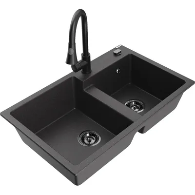 Obrázek produktu pro Mexen Tomas 2-miskový granitový dřez s kuchyňskou baterií Elia, Skvrnitá černá - 6516-76-670101-70-B