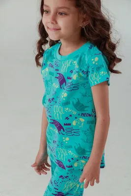 Produktbild von Mädchenpyjamas kurze Ärmel, lange Hose Cool Cat - Türkis - 98