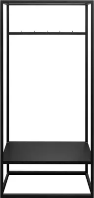 A black metal open wardrobe frame with a hanging rail and a shelf.