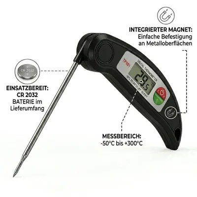 Produktbild von Fleischthermometer Digital Kabellos Bratenthermometer Magnet mit Klappbare Sonde Einstichthermometer Kochthermometer Grill BBQ Faltbar