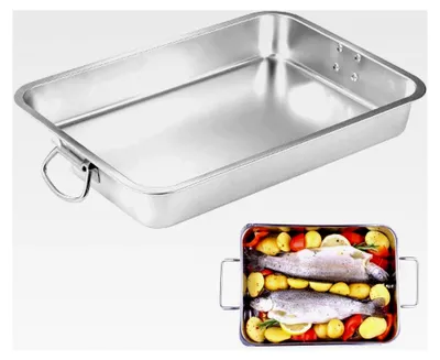 Produktbild von Auflaufform mit Griffen aus Edelstahl, rechteckig, 40 x 30 x 7 cm, Bräter für Backofen und Grill, hitzebeständige Backform, spülmaschinenfest, Silber