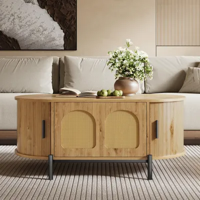 Image de Table basse ovale Merax avec portes coulissantes en rotin, table de salon en MDF aspect bois, table de salon avec pieds en métal et espace de rangement, couleur naturelle