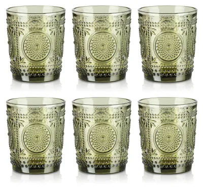 6 Vintage Trinkgläser 320 ml mit Sonnenblumenmuster, Grün
