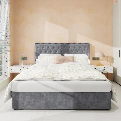 Image de Sommier – Structure de lit – Lit simple – Style moderne minimaliste – Tête de lit rembourrée – 140x200 cm