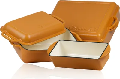 Zdjęcie produktu dla 3-częściowy zestaw do pieczenia posiłków, Sunny Orange, 10,8 litra, 4,8 litra, 1,6 litra, z żeliwną brytfanną