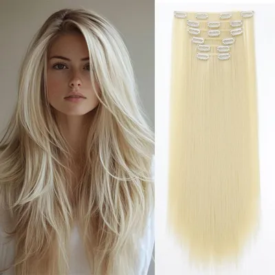 Image de Extensions à clipser, cheveux lisses, 6 pièces, 65 cm, blond platine