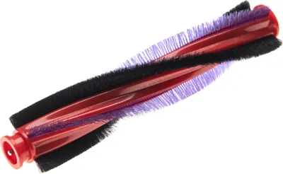 A vacuum cleaner roller brush with red plastic housing and black and purple bristles, isolated on a white background.