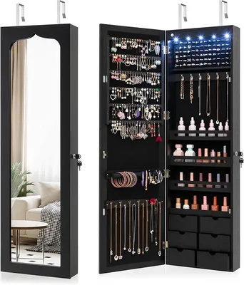 Produktbild von Schmuckschrank mit LED Beleuchtung, 6 Schubladen und Spiegel, Sipegelschrank hängend, Hängeschrank für Tür und Wandmontage, abschließbar (Schwarz)