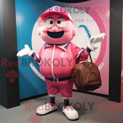 Immagine prodotto di Personaggio mascotte REDBROKOLY di un pallone da baseball rosa vestito con maglia da rugby e valigetta