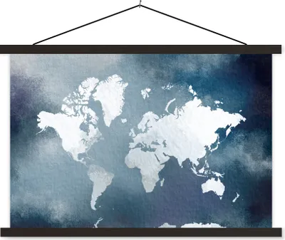 Produktbild von MuchoWow® Textilposter Weltkarte - Aquarell - Blau 90x60 cm mit schwarzem Rahmen - Aufhängungssatz