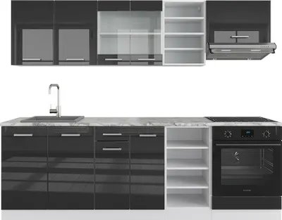 A modern kitchen unit with glossy anthracite cabinets and white shelves, featuring a sink, faucet, and oven.