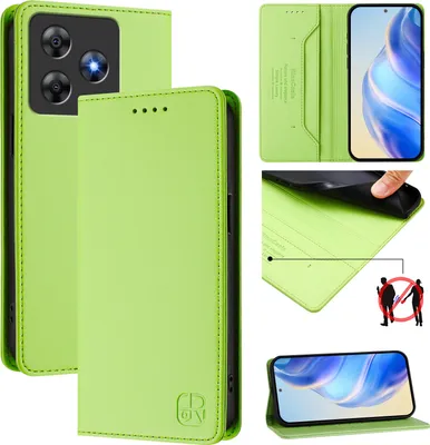 Collage of product images showing a green flip wallet case for a phone, with close-ups of its features and a phone inside.