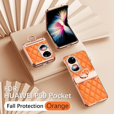 Obrázek produktu pro Kožené pouzdro na Huawei P50 Pocket s držákem na prsten, blyštivé ochranné pouzdro s ochranou pantu Pomerančový