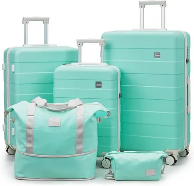 Imagen del producto de Maleta de 5 piezas con carcasa rígida, 4 ruedas y cerradura TSA. El juego de maletas incluye 1 neceser y 1 bolso de mano (verde, 5 piezas)