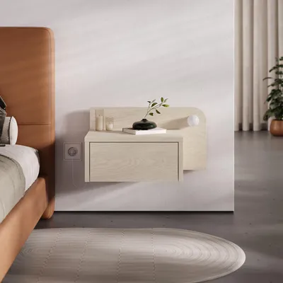 Produktbild von Skye Decor, Hochwertiger Nachttisch, Creme, 52 x 28 x 30 cm | 100% melaminbeschichtete Spanplatte, 18 mm dick | Wandmontierbar, zerlegbar, mit LED-Beleuchtung, skandinavisches Design.