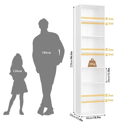 Obrázek produktu pro Knihovna se 7 přihrádkami FPB-716, 48 x 30 x 220 cm, bílá