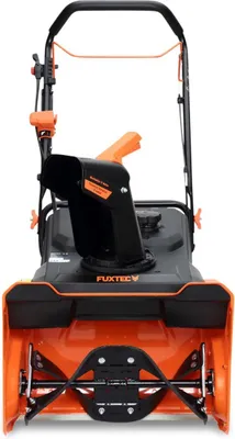 Front view of an orange and black snow blower.