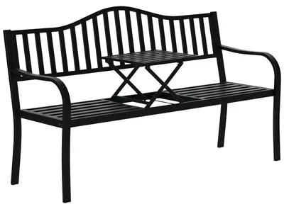 Image de Banc de jardin 3 places en métal avec table rabattable, 150 x 58,5 x 90 cm, noir, convertible en banc 2 places avec table, revêtement par poudrage, design à lamelles