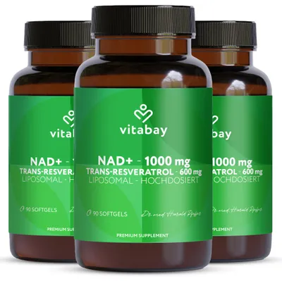 Produktbild von Vitabay Liposomales NAD+ 1000 mg – 270 vegane Softgels – mit 600 mg Trans-Resveratrol – 4,5 Monate Vorrat