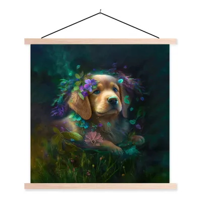 Produktbild von MuchoWow® Textilposter Hund - Welpe - Blumen - Natur - Golden Retriever 120x120 cm mit holzfarbenen Rahmen - Textil-Poster