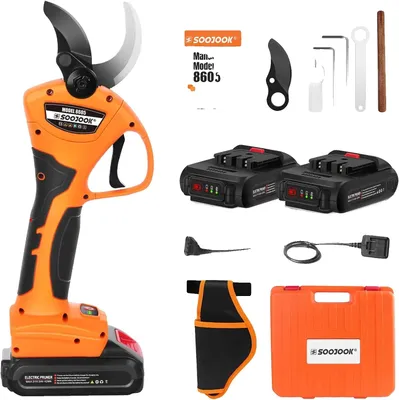 Obrázek produktu pro Elektrické nůžky na stromy, bezkartáčový motor, ergonomický design, žluté, dvě baterie