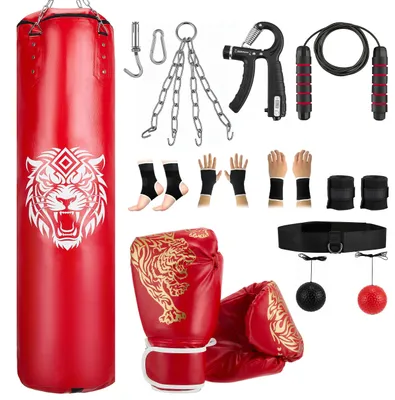 Image de Ensemble de sac de frappe pour adultes, comprenant : un sac de frappe de 120 cm, une balle de réflexes, des gants, des bandages, idéal pour les arts martiaux mixtes (MMA) et le kickboxing