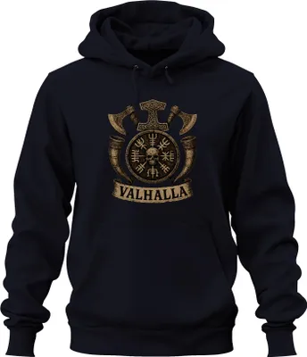 Obrázek produktu pro Viking Valhalla Runes Vegvisir Shield Skull Axes Horns Retro Uni mikina s kapucí, Navy, L