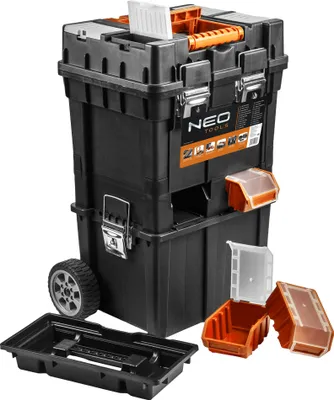A black and orange rolling toolbox with storage compartments.