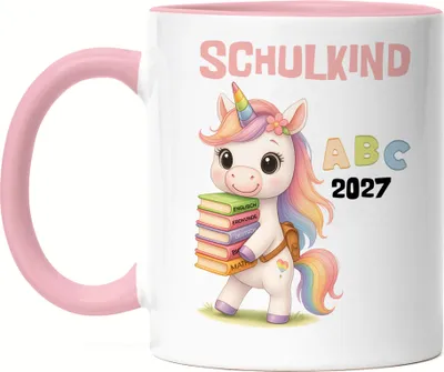 Produktbild von Schulkind 2027 Tasse Rosa Einhorn – Niedliche Geschenkidee Einschulung, Kinder-Tasse ABC Motiv Mädchen Erstklässler