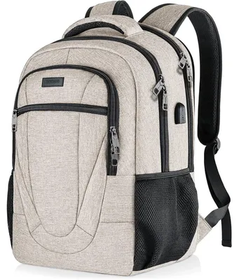 Productafbeelding van Rugzak voor heren en dames, geschikt voor een 17,3-inch laptop, waterdicht, met USB-oplaadpoort, beige