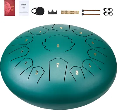 Image de SucceBuy Steel Tongue Drum, 30 cm, 13 notes, tonalité en do majeur, tambour-tank avec 2 baguettes et housse de transport, percussion de type handpan pour le jardin, le yoga et les cours de musique, vert
