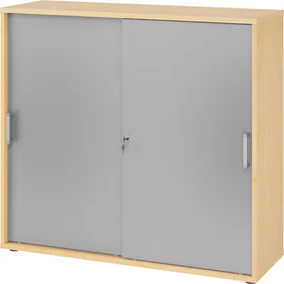 Produktbild von bümö Schiebetürenschrank office - 3 Ordnerhöhen - Nachbildung Ahorn/Silber, Griff: Chromgriff (Metall)