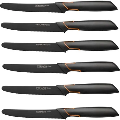 Produktbild von Fiskars 6 Stück Tafelmesser - Tomatenmesser Edge mit Wellenschliff rostfrei - Modernes Design - Schwarz