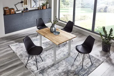 Produktbild von 5tlg. Essgruppe Billy 120 x 80 cm, Akazienholz massiv, naturfarben, Baumkantentisch mit U-Gestell in Silber + 4X Schalenstuhl Lerche in Schwarz