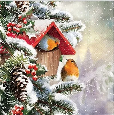 Produktbild von 20 kleine Cocktailservietten House with Robins - Rotkehlchen im winterlichen Vogelhaus 25x25cm