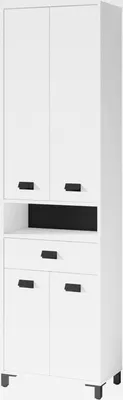 Produktbild von Badezimmer-Hochschrank Wellness in Melamin weiß, Griffe aus Metall in schwarz/Badezimmerschrank 4 Türen mit offenen Elementen & viel Stauraum/B 54, H 193, T 31 cm