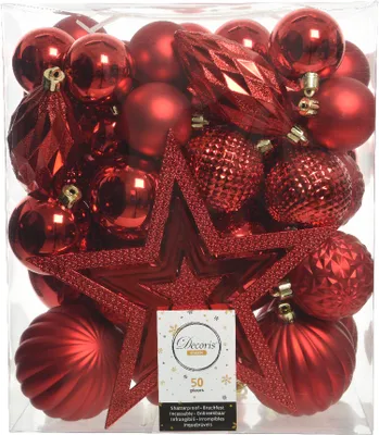 Produktbild von Weihnachtskugeln Kunststoff mit Sternspitze 50er Set - Weihnachtsrot