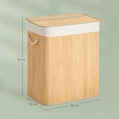 Obrázek produktu pro Koš na prádlo se 2 přihrádkami, objem 100 litrů, s bambusovým víkem | Přírodní materiál | Rozměry: 32 x 52 x 61 cm