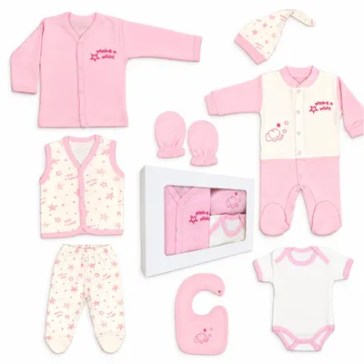 Productafbeelding van BLUE EYES Baby Geschenkset, 8-delig, 100% katoen,  gecertificeerd, eerste uitrusting voor pasgeborenen, 0–4 maanden, sterrenmotief, roze