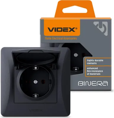 Obrázek produktu pro Videx Binera typ F jednoduchá 16A černá zásuvka Schuko pod omítku s klapkou