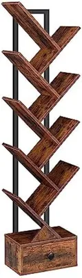 Produktbild von PolkaHome® Bücherregal mit Schublade, Standregal mit 9 Ebenen, baumförmiges Bücherregal, DVD-Regal, Bücherturm für Wohnzimmer, Schlafzimmer