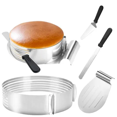 Produktbild von Yakimz Torten Set 4tlg. aus Edelstahl - Tortenheber Tortenschneider Schneidhilfe für Tortenboden - Kuchen Boden Heber Messer Tortenring 23-30cm