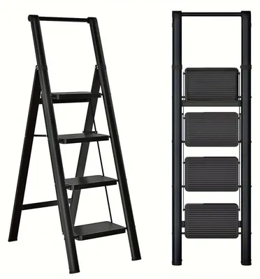 Obrázok produktu pre 4-stupňový skladací rebrík so stoličkou pre dospelých s širokými pedálmi, ergonomický dizajn, protišmykové nožičky, ľahký a prenosný oceľový rebrík