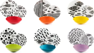 A collection of dinnerware sets, each with plates and a bowl, arranged in a grid.