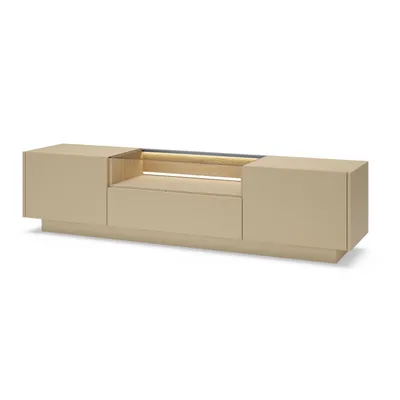 Produktbild von BETTSO TV-Lowboard KIRO 2-türig 1 Schublade LED-Beleuchtung Glasplatte – Kakao / Eiche Cremona TV-Board Japandi Push-to-Open 176x43 cm
