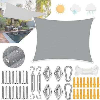 Image de Voile d'ombrage rectangulaire, 2x3 mètres, imperméable, avec œillets et kit de fixation, protection UV 98%, couleur grise